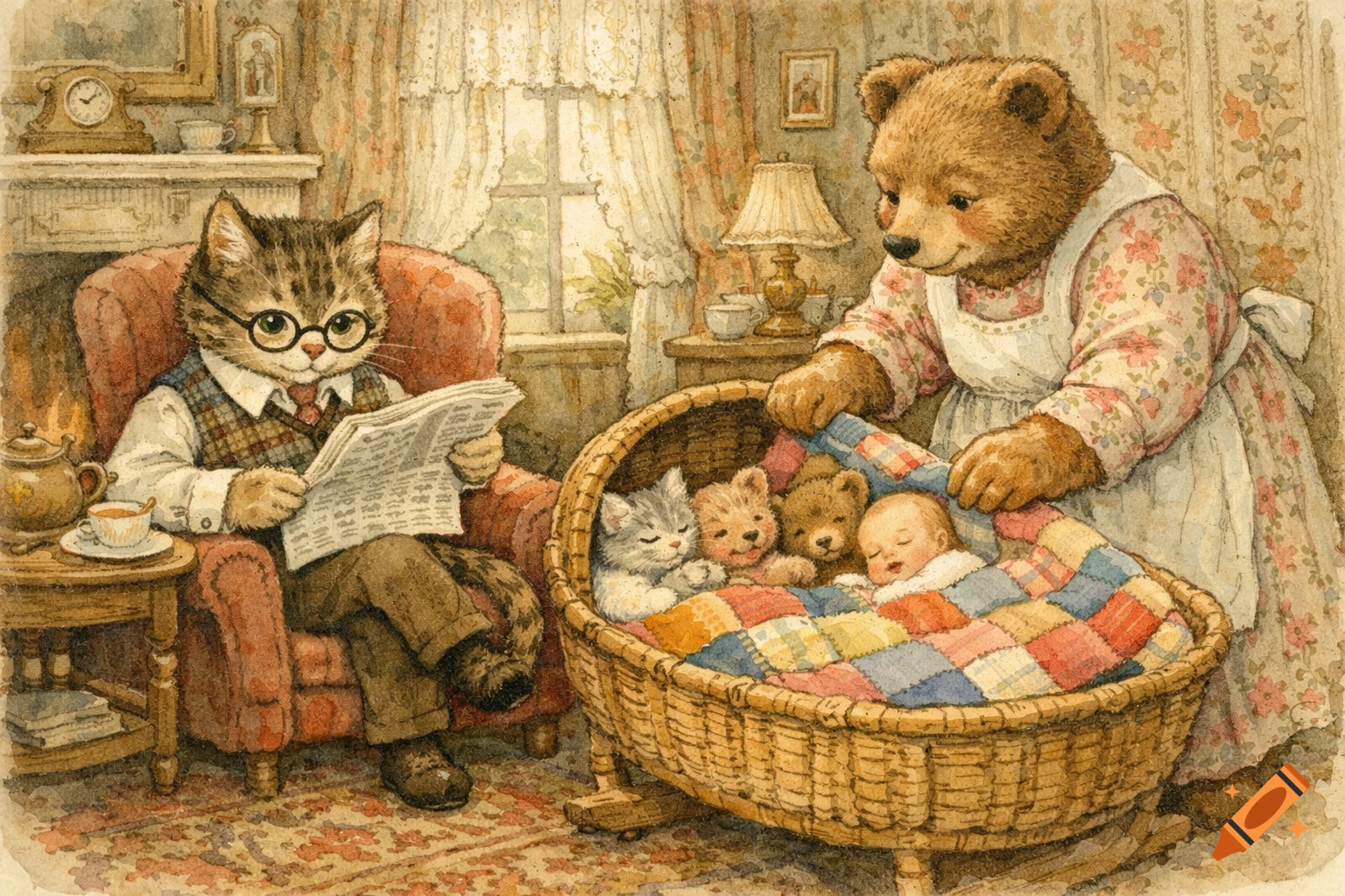 Beatrix Potter-style watercolor of a cat reading a newspaper in a parlor, a bear tucking a human baby, kittens, and bear cubs into a bassinet.