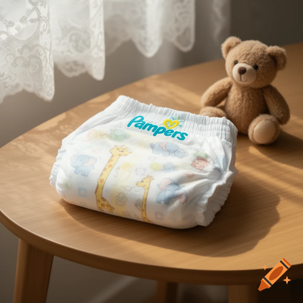 A folded Pampers diaper with animal prints and a teddy bear sit on a wooden table by a window, bathed in sunlight.