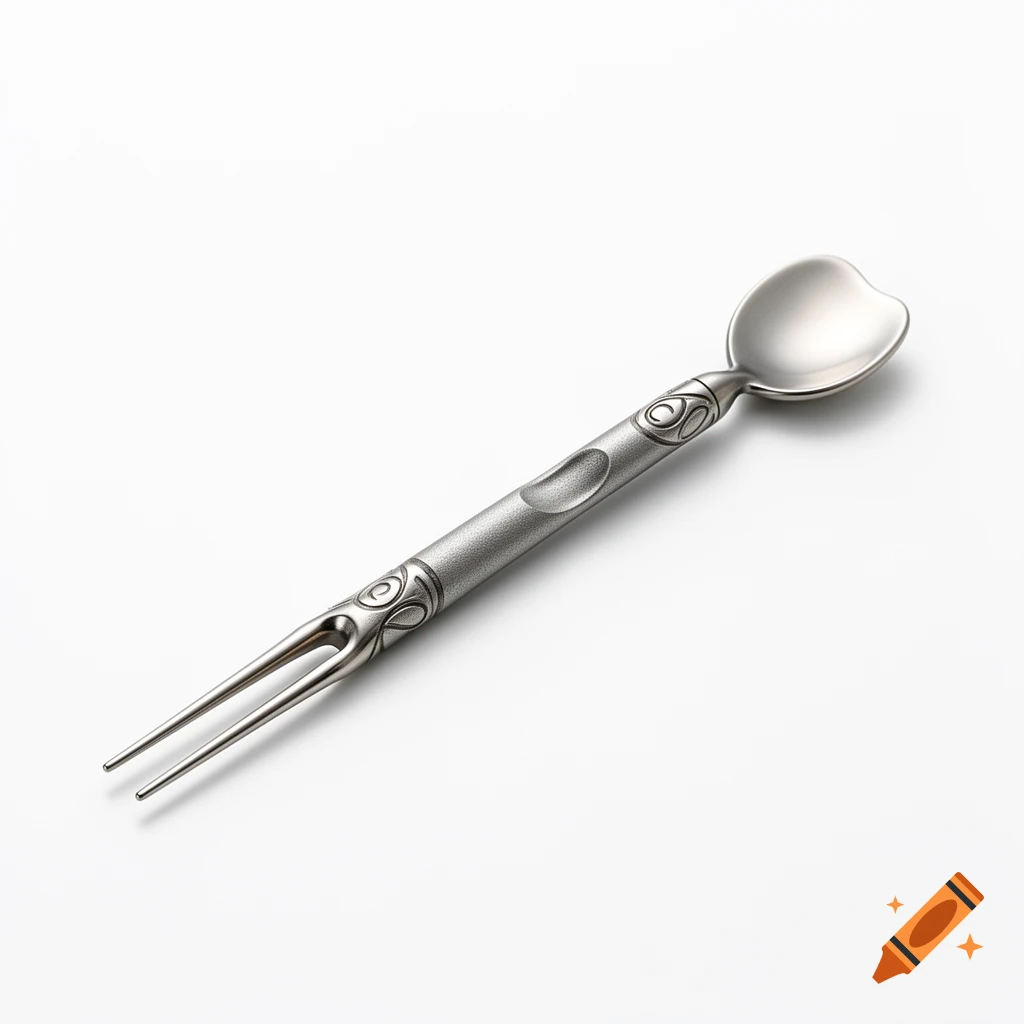 A metallic silver wellness tool with a two-pronged fork, a spoon, and an engraved matte grip on a white background.