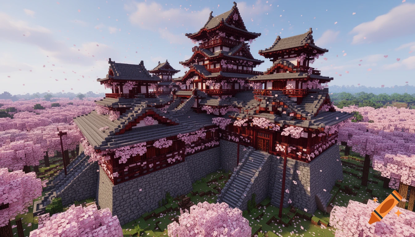 A colossal Minecraft-style Japanese castle, with red and gray roofs, surrounded by a vast pink cherry blossom forest under a blue sky.