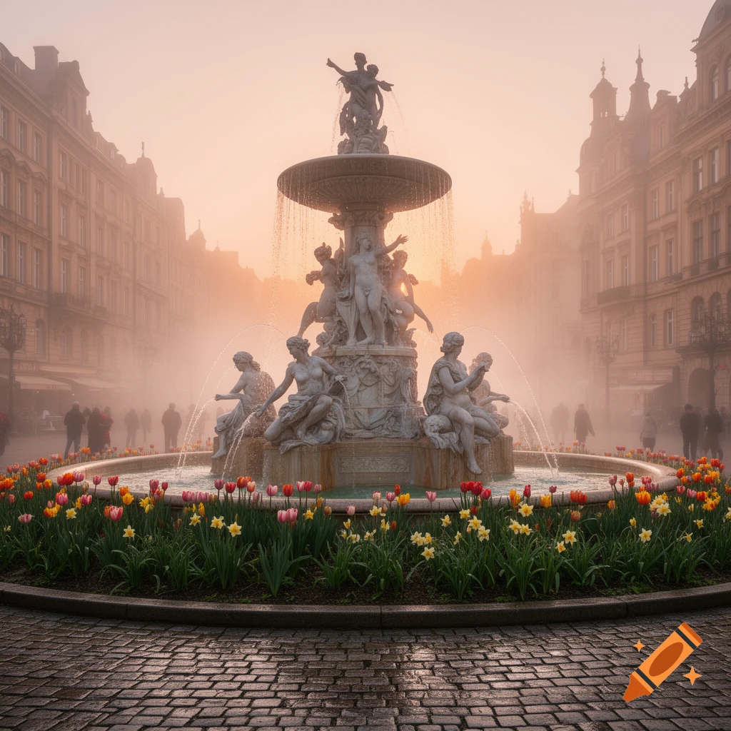 Photorealistic classical fountain with nude statues in a misty city square at sunrise, surrounded by colorful tulips and daffodils.