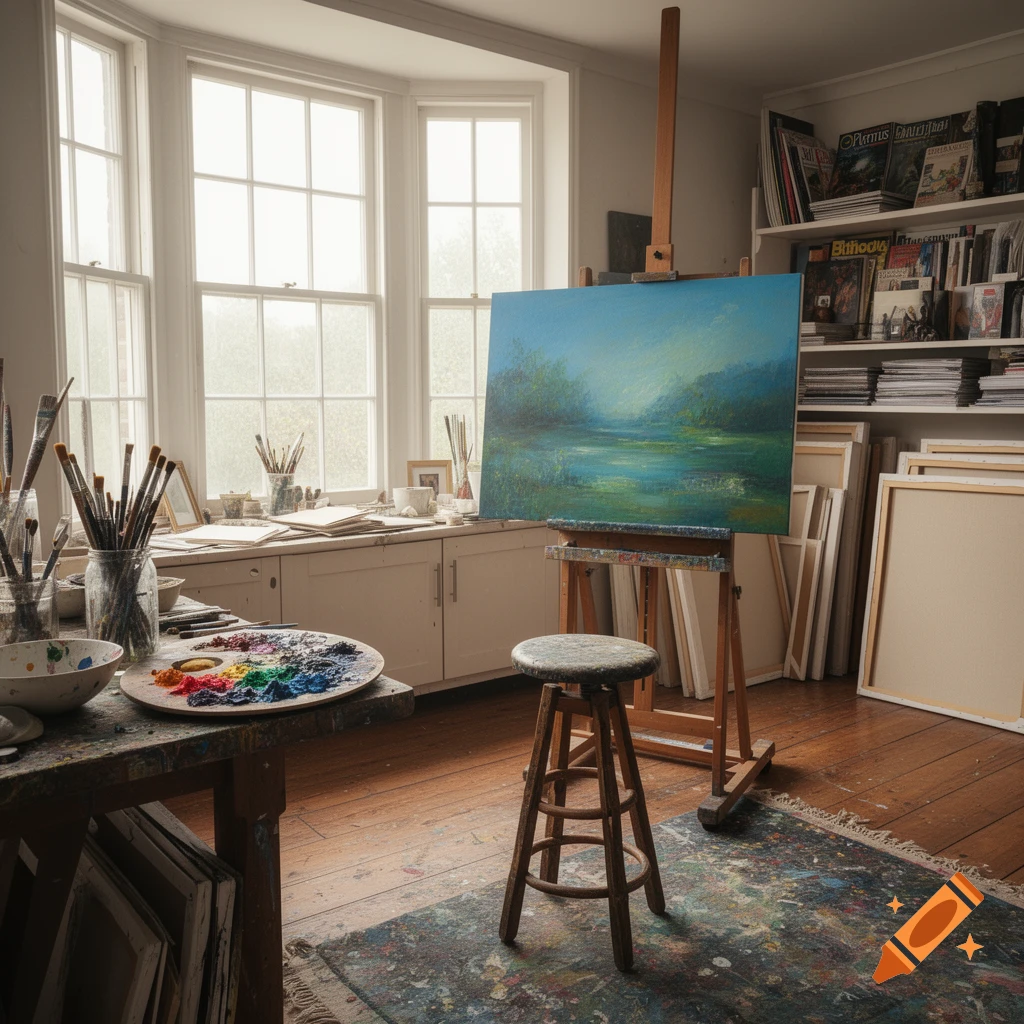 A sunlit artist's studio featuring an easel with a landscape painting, a palette with colorful paints, brushes, and shelves filled with books.
