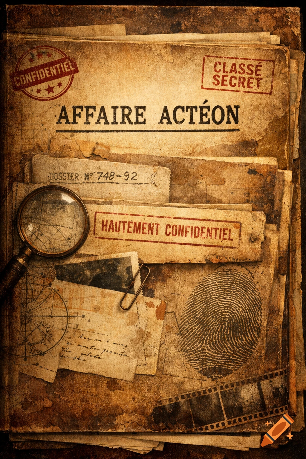 Vintage investigation dossier cover with 'AFFAIRE ACTÉON' title, 'CONFIDENTIEL' and 'CLASSÉ SECRET' stamps, magnifying glass, fingerprint, and film strip.