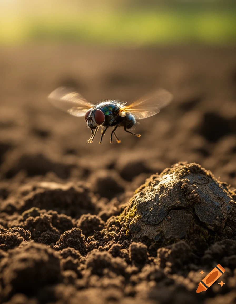 A photorealistic close-up of a fly with iridescent body and red eyes hovering over dark brown soil.