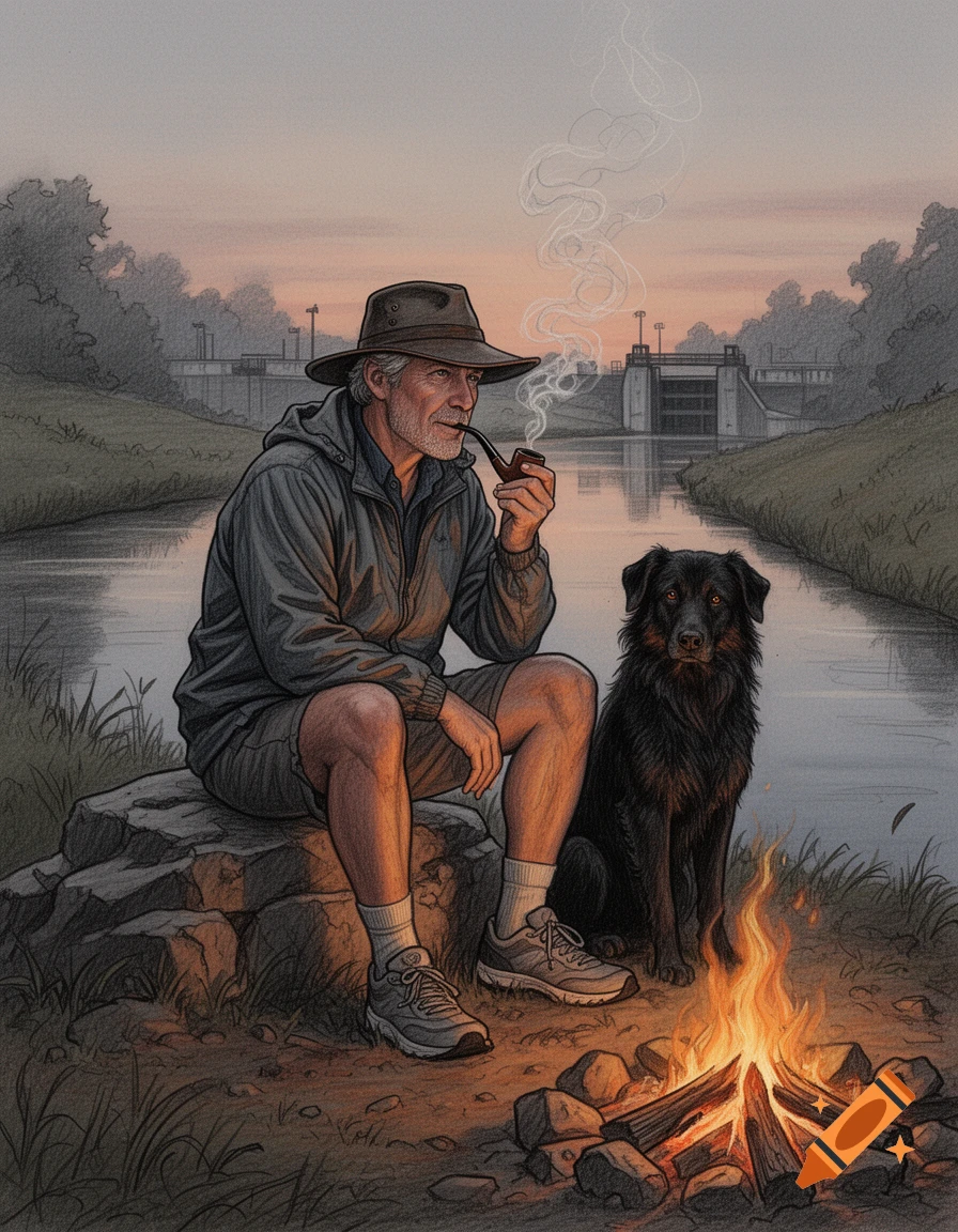 Sketch of a man smoking a pipe by a campfire with his black dog beside a canal at dusk.