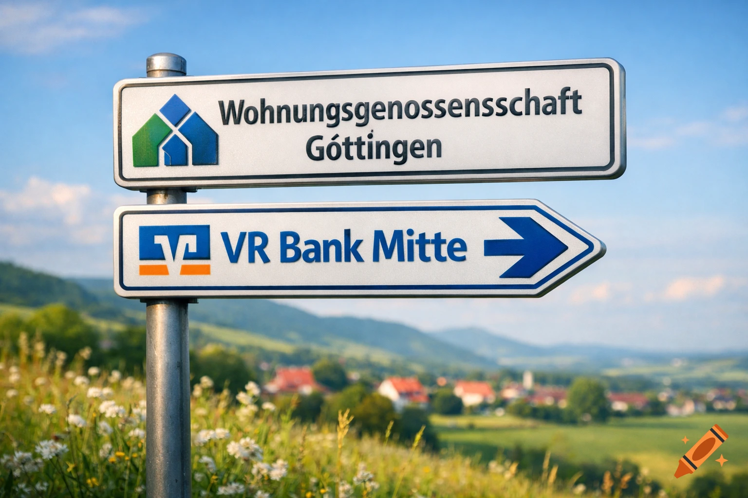 Two German directional signs for Wohnungsgenossenschaft Göttingen and VR Bank Mitte, set against a green field and a village.