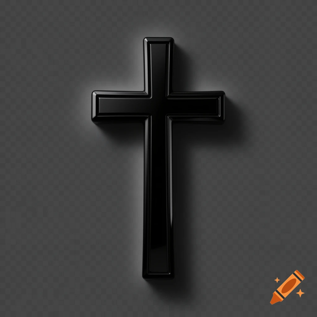 A glossy black cross stands centrally against a dark grey background with a subtle checkered pattern, casting soft shadows.