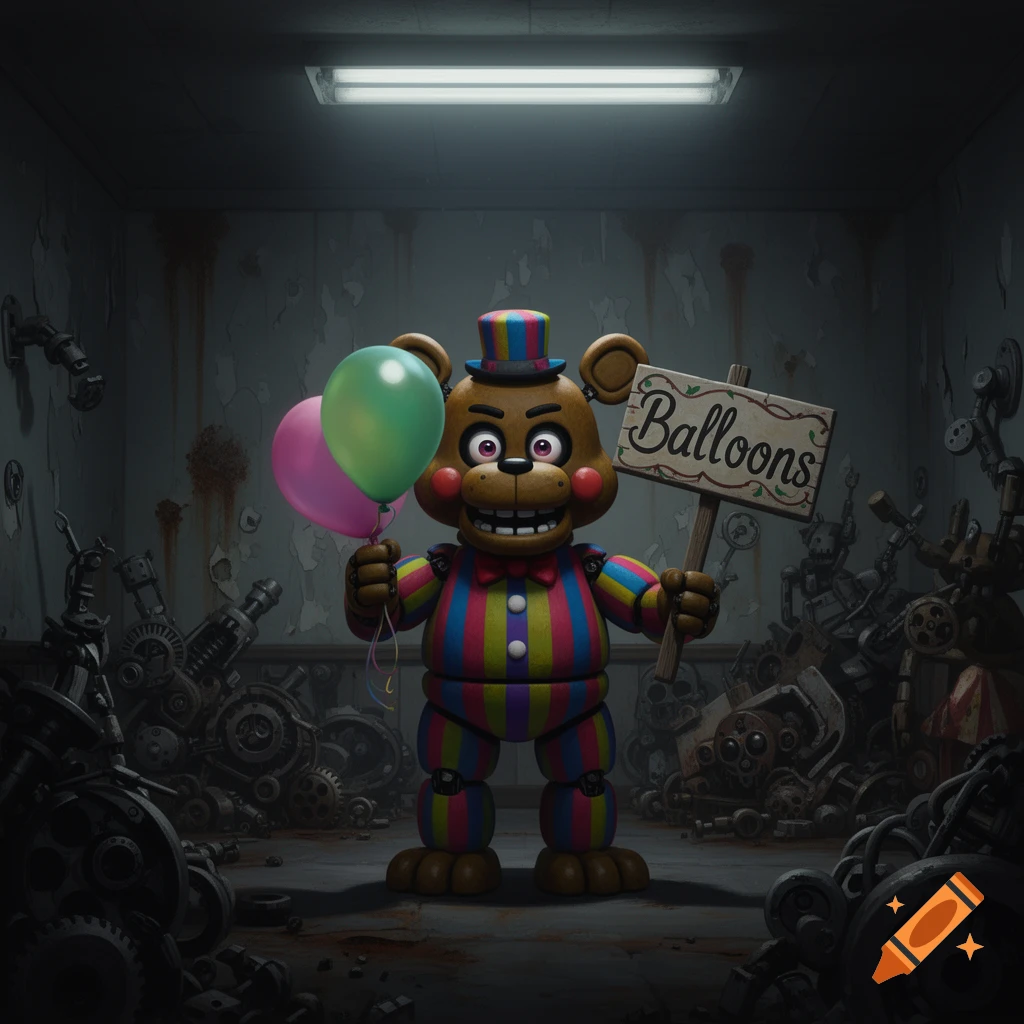 An animatronic character similar to Balloon Boy from FNAF, holding balloons and a 'Balloons' sign in a dark, gritty room with mechanical parts.