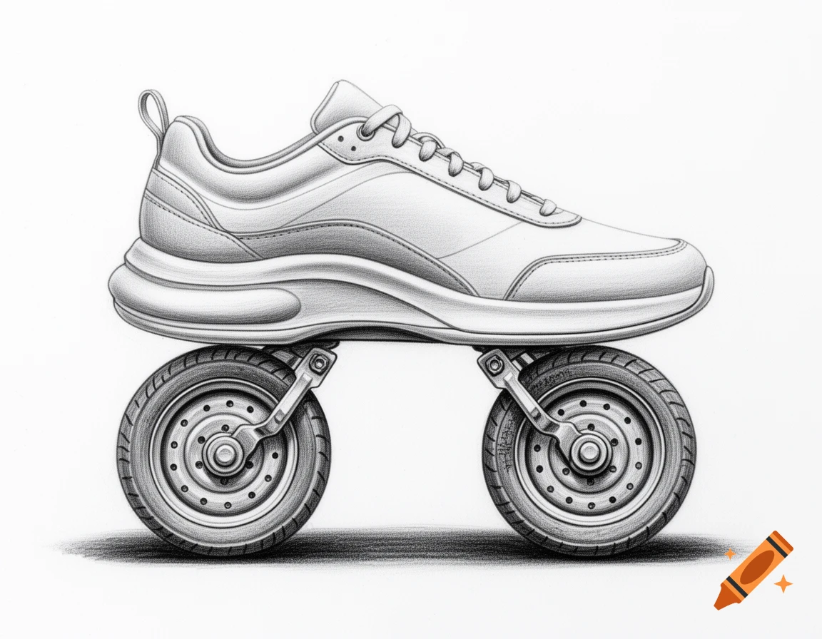 Graphite pencil drawing of a modern sneaker with two wheels on its sole, like a vehicle, on a white background.