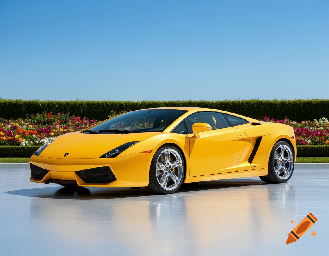 A vibrant yellow Lamborghini Gallardo sports car is parked on a sleek, reflective surface under a clear blue sky, with a lush hedge and colorful flowers in the background.