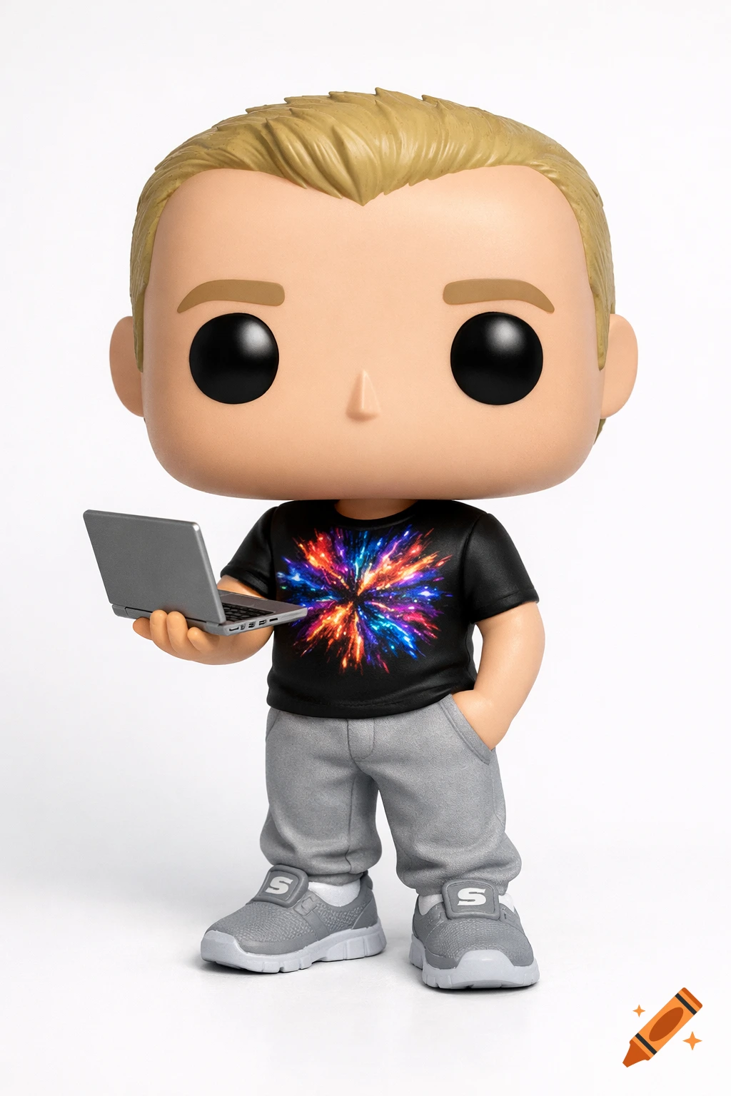 A Funko Pop figure of a blonde man in a black t-shirt with a colorful graphic, grey pants, and grey shoes, holding a laptop.