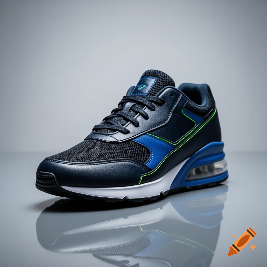 A single navy blue sneaker with blue and lime green accents and translucent air cushions in the sole, on a reflective surface.