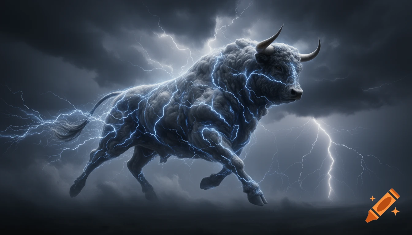 An epic fantasy bull made of thunderclouds and glowing lightning gallops across a stormy dark sky.