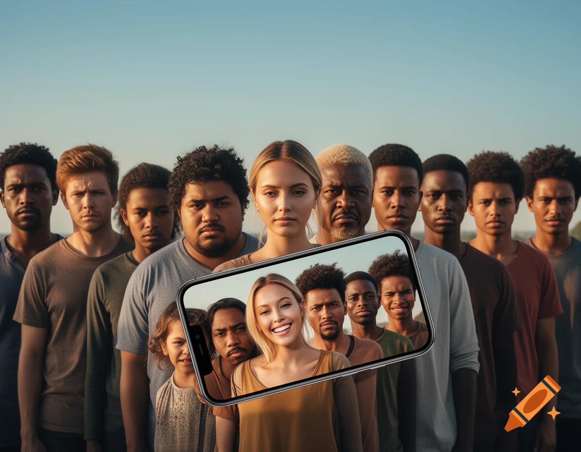 A diverse group of serious people, with a smartphone displaying an idealized, smiling woman in the foreground against a clear sky.