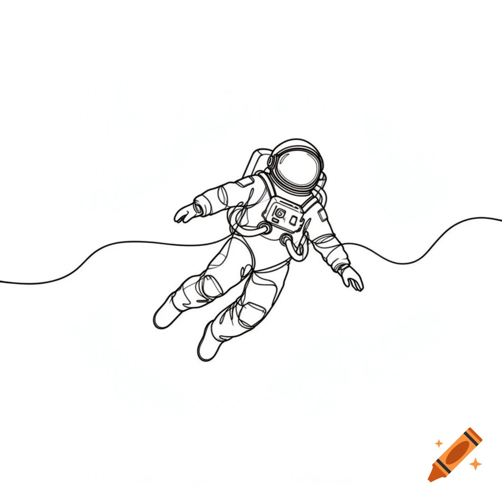 A simple black and white one-line drawing of an astronaut floating.