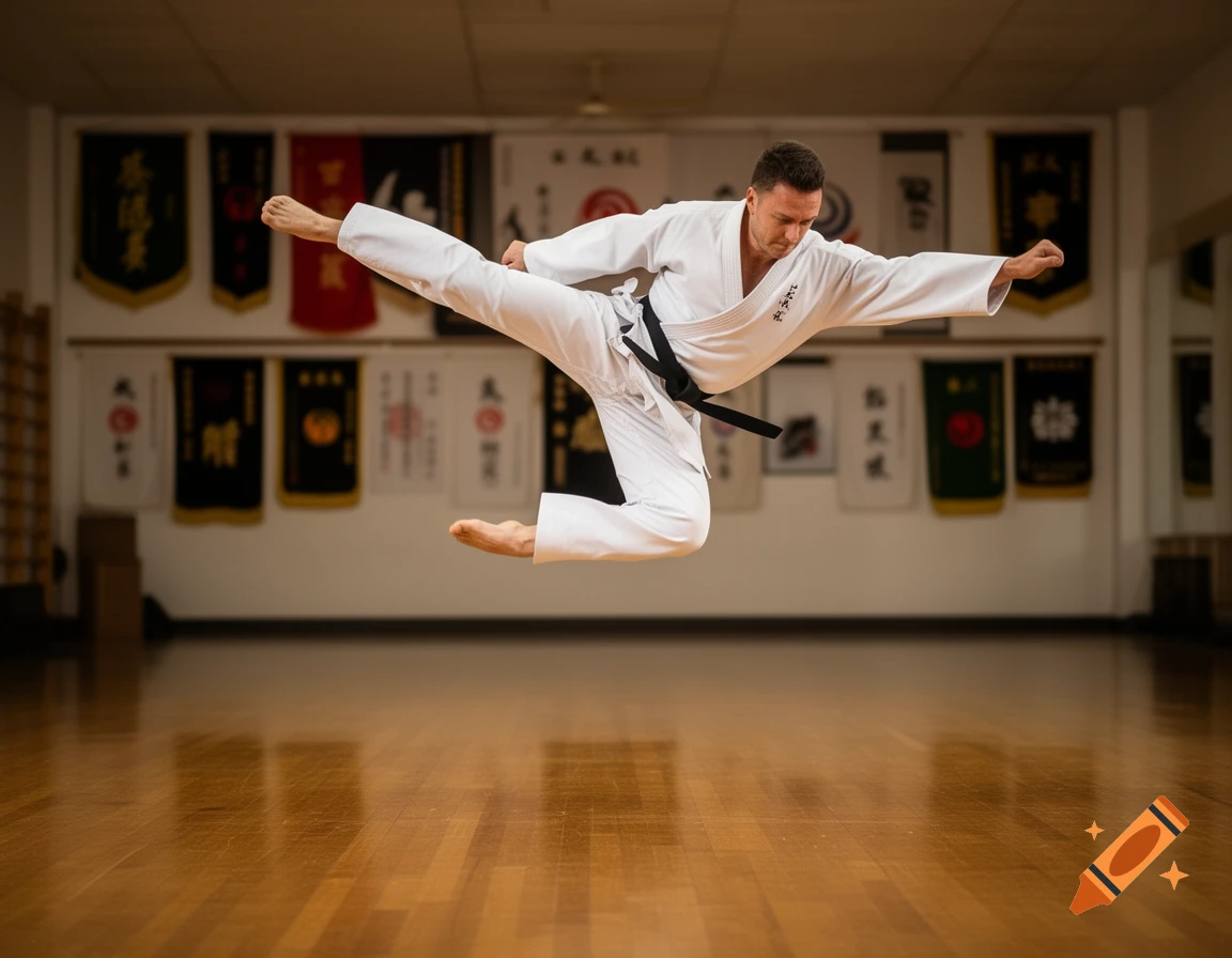 A man in a white gi with a black belt performs a flying kick in a dojo with banners in the background.