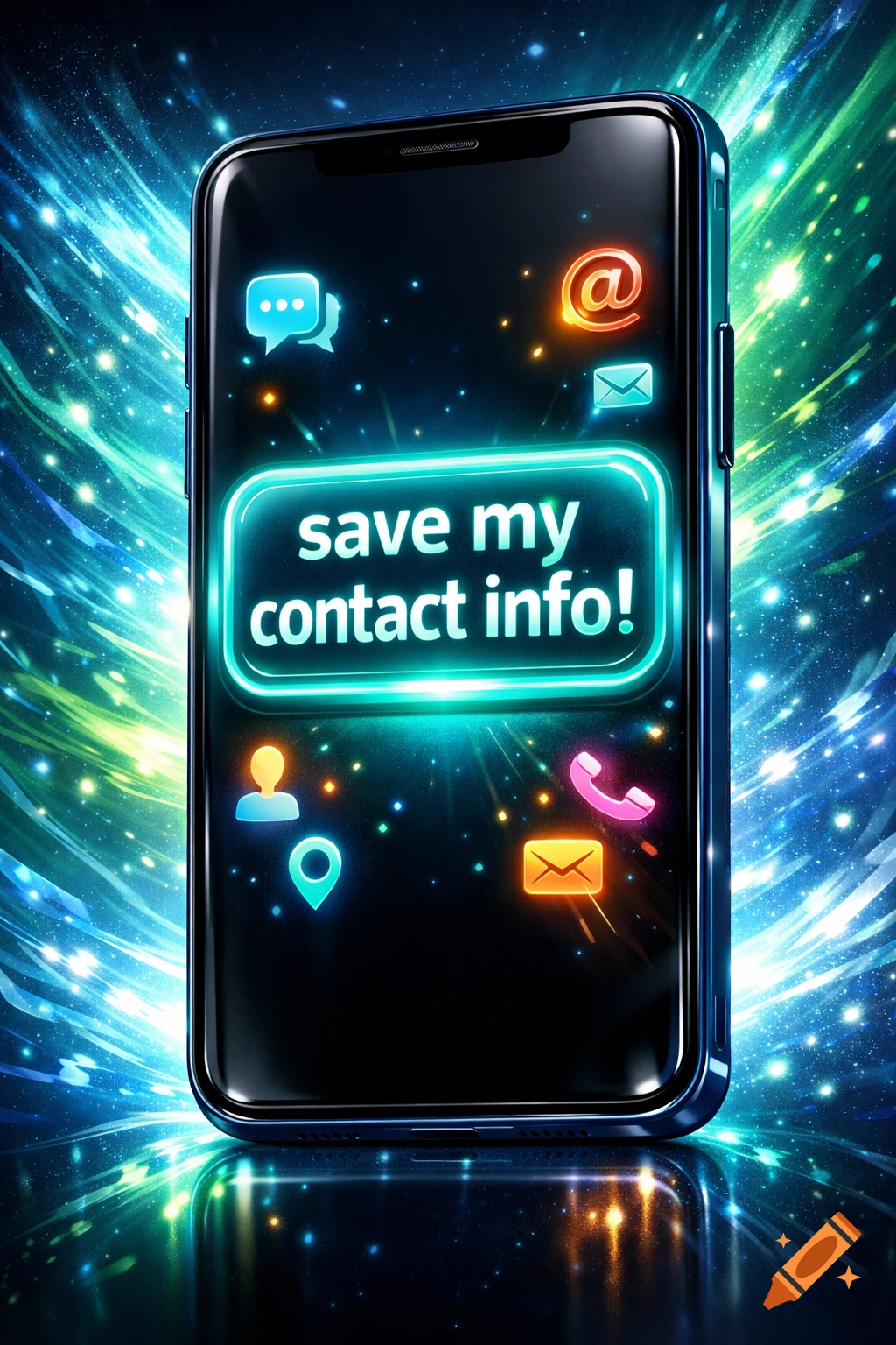 A sleek smartphone displaying 'save my contact info!' on a dark screen with glowing digital icons and a cosmic background.