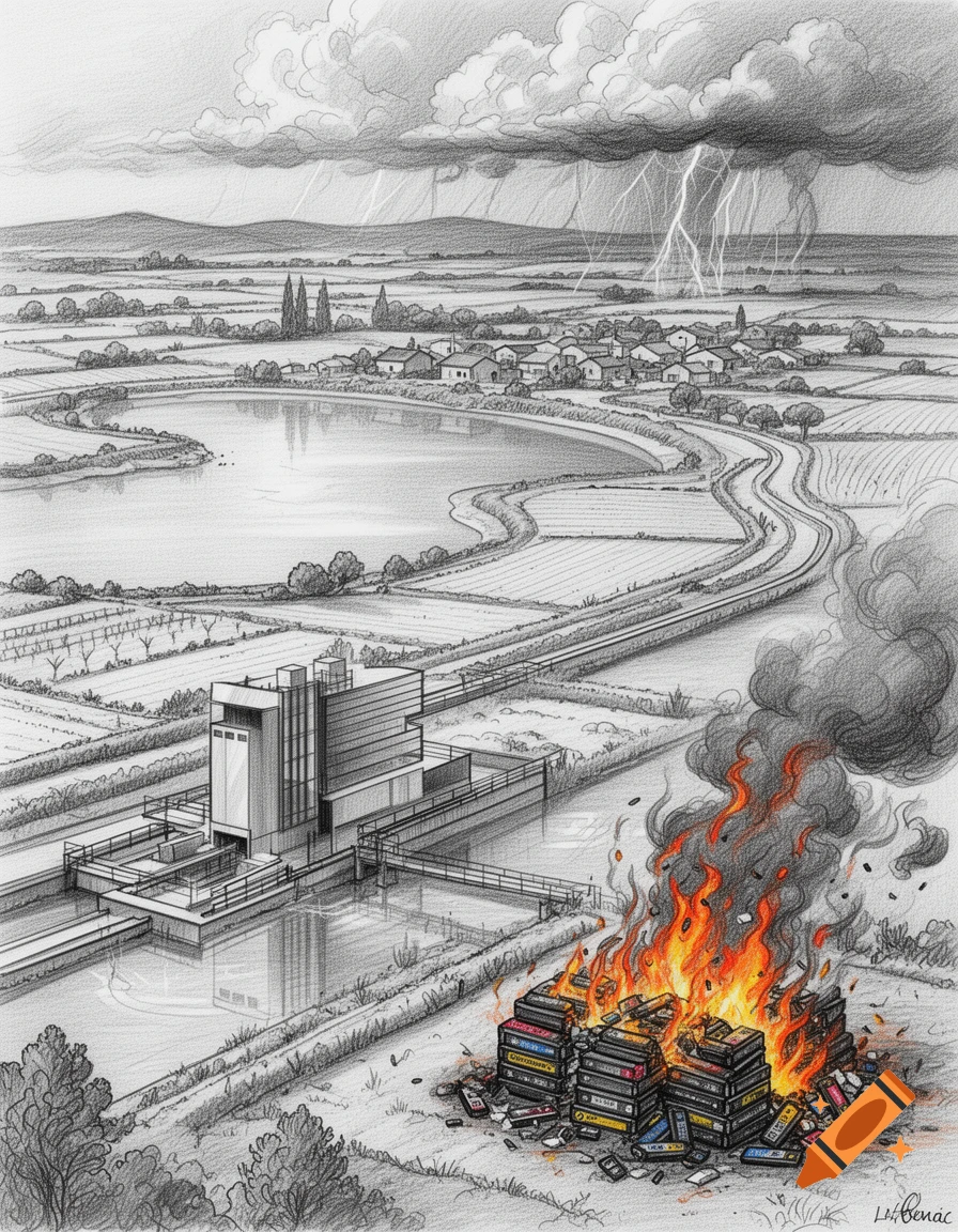 A pencil drawing of a landscape with a lake, a town, and an industrial building under a stormy sky with lightning. A large pile of trash is burning in the foreground.