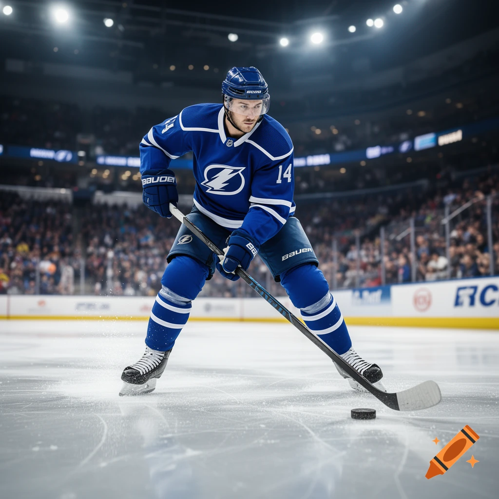 A male hockey player in a blue uniform with the number 14 skates on ice, holding a stick over a puck in a brightly lit arena.