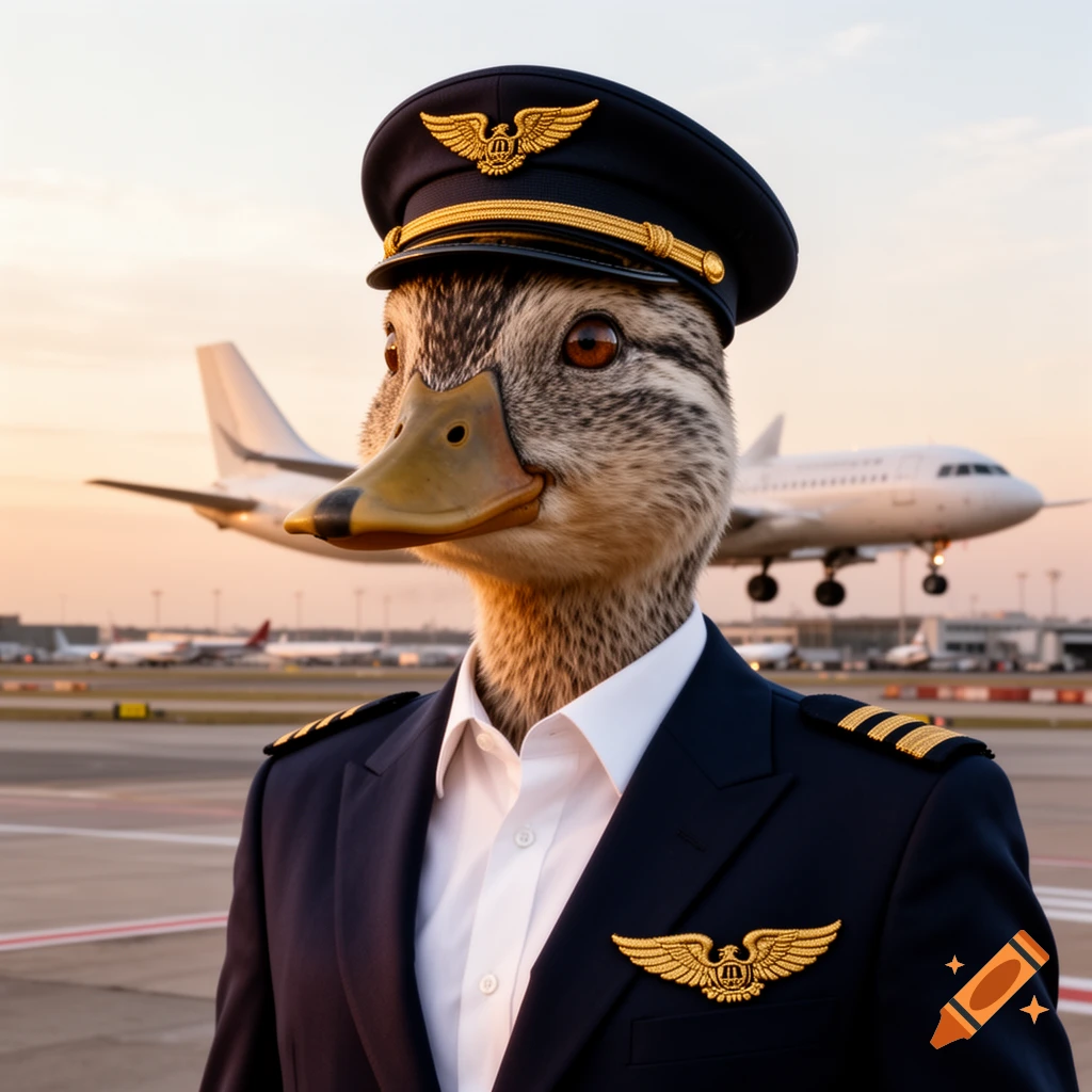 A photorealistic duck-headed pilot in uniform stands on an airport tarmac with an airplane in the background at sunset.