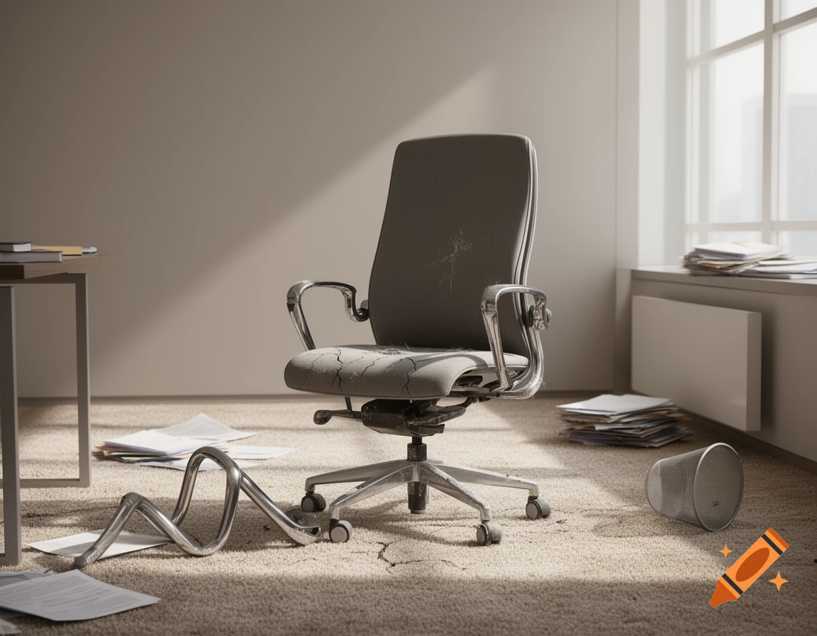 A destroyed grey office chair with cracked upholstery, a bent armrest on a messy carpeted floor with scattered papers in a sunlit room.