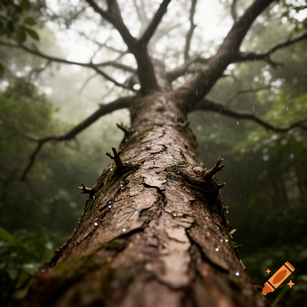 Close-up, low-angle shot of a wet tree trunk with rain droplets, looking up into a misty forest canopy.