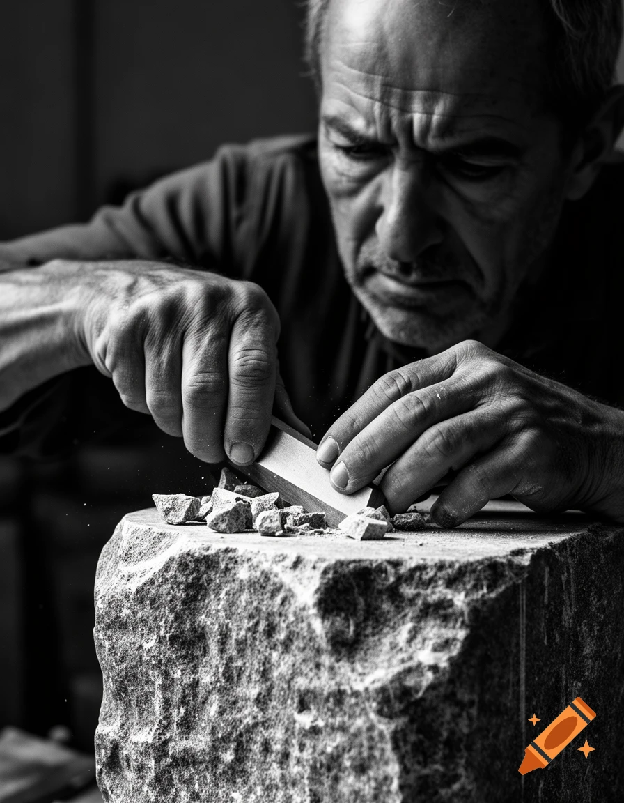 A man intently chisels a large rough stone with a tool, captured in a detailed black and white, close-up shot.