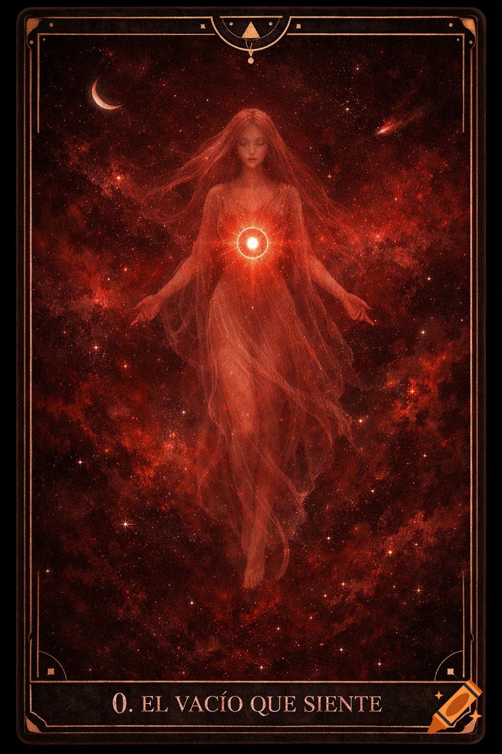 A mystical tarot card illustration of an ethereal feminine figure floating in a deep red cosmic void, glowing light from her heart.