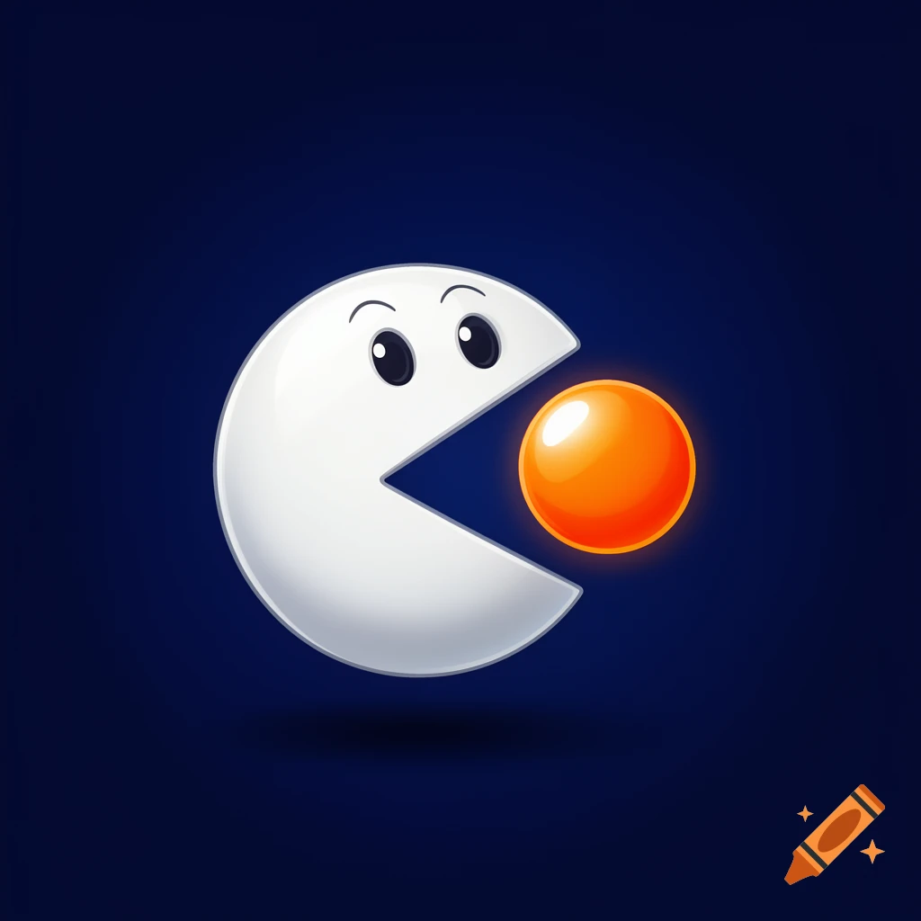 A stylized white Pac-Man character with eyes and eyebrows, opening its mouth towards a glowing orange orb, against a dark blue background.