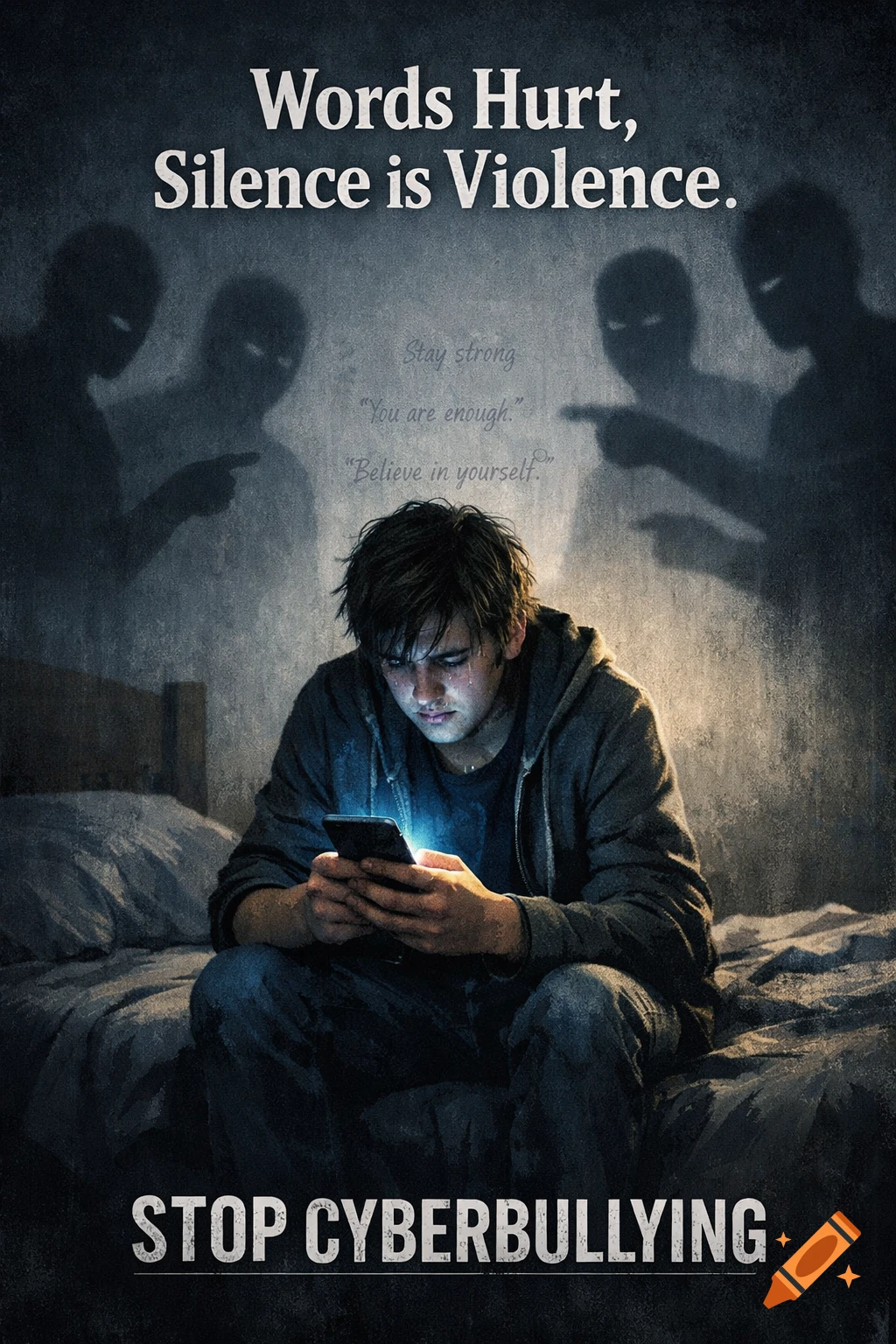 A distressed young man on a bed looking at his phone, surrounded by shadowy figures pointing at him. Text: 'Words Hurt, Silence is Violence. STOP CYBERBULLYING.'