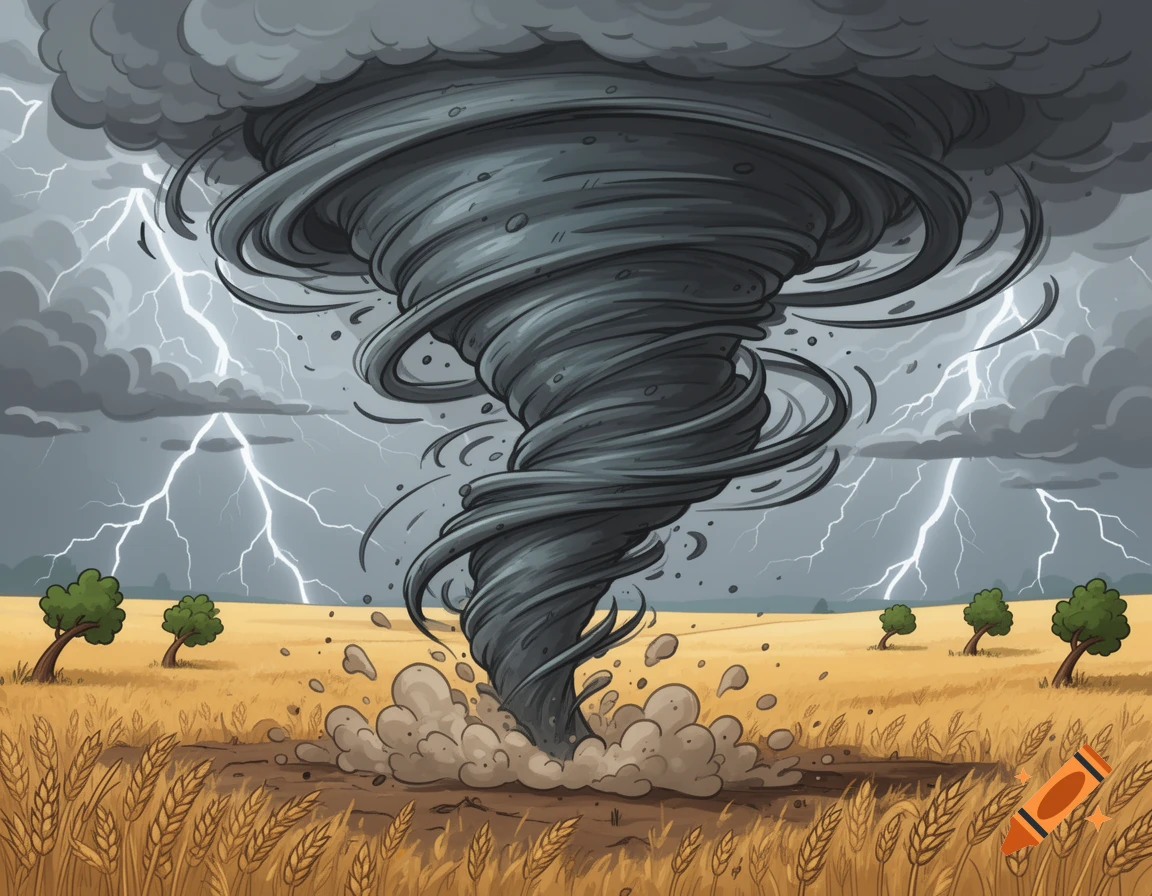 A large, dark gray cartoon tornado rips through a golden wheat field under a stormy sky with lightning.