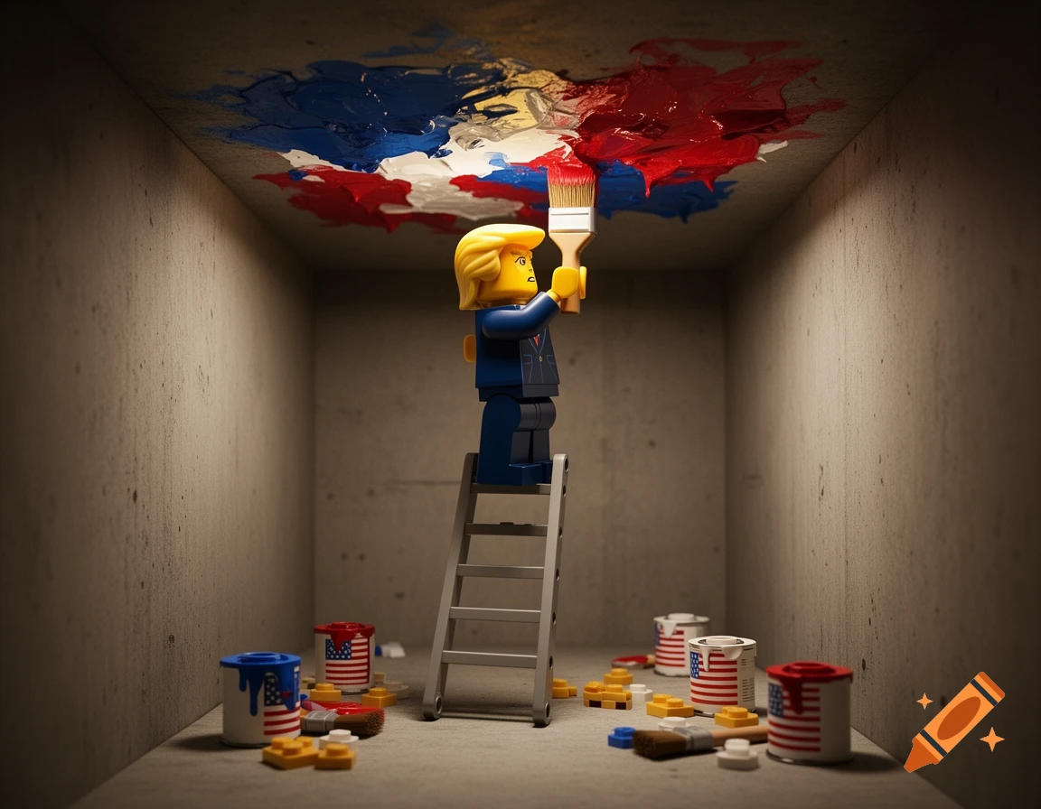 Lego Donald Trump figure on a ladder painting a concrete bunker ceiling red, white, and blue, with paint cans on the floor.