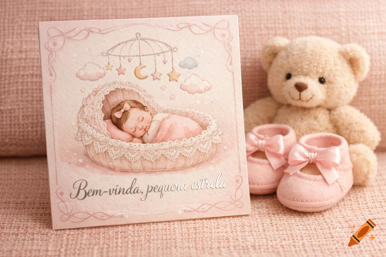 A watercolor baby welcome card featuring a sleeping baby in a bassinet, next to pink baby shoes and a teddy bear.