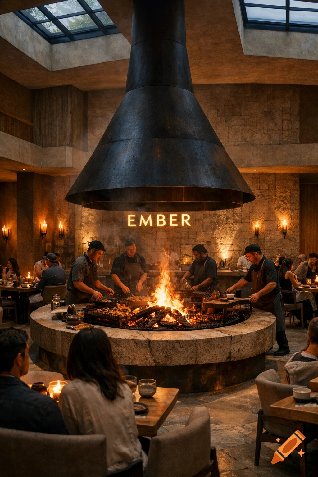 Chefs cook over a large central fire pit in a luxurious, dimly lit restaurant with stone walls and high ceilings. The word EMBER glows on the wall.