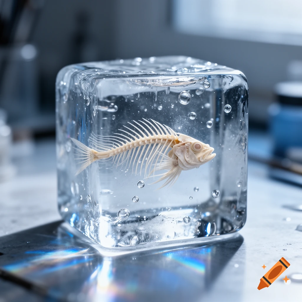 A detailed fish skeleton encased within a clear ice cube with bubbles, casting colorful reflections.