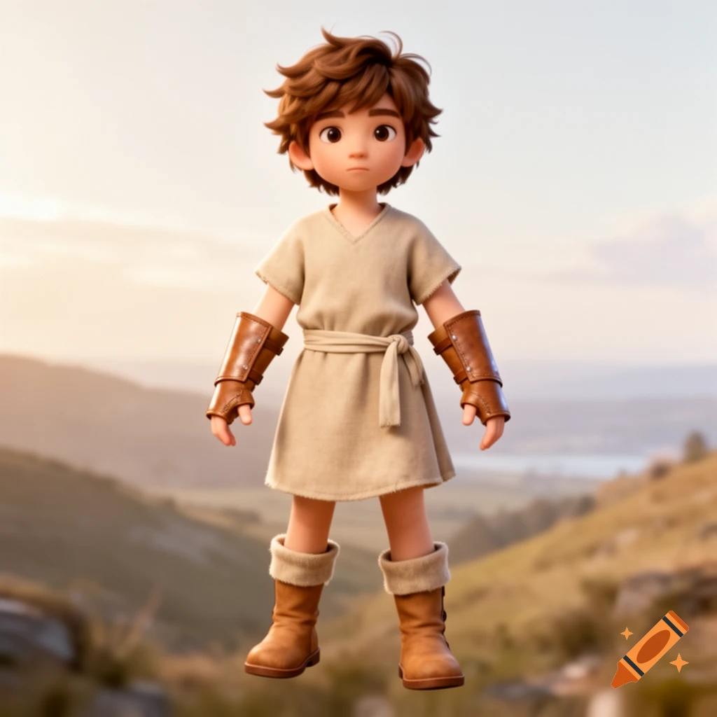 A 3D animated boy with brown curly hair wears a simple beige tunic, leather arm guards, and boots, standing in a sunny outdoor landscape.
