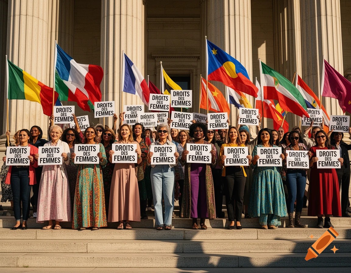 A diverse group of women holding signs that read 'DROITS DES FEMMES' (Women's Rights) and various flags, standing on steps in front of a building with columns, under sunny skies.