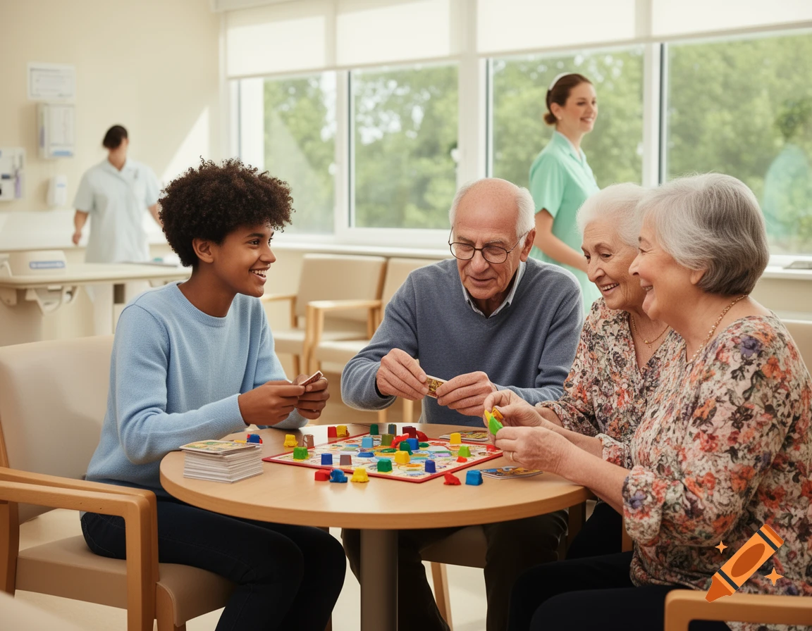 A young person and three elderly individuals happily play a colorful board game at a table in a bright hospital common room.