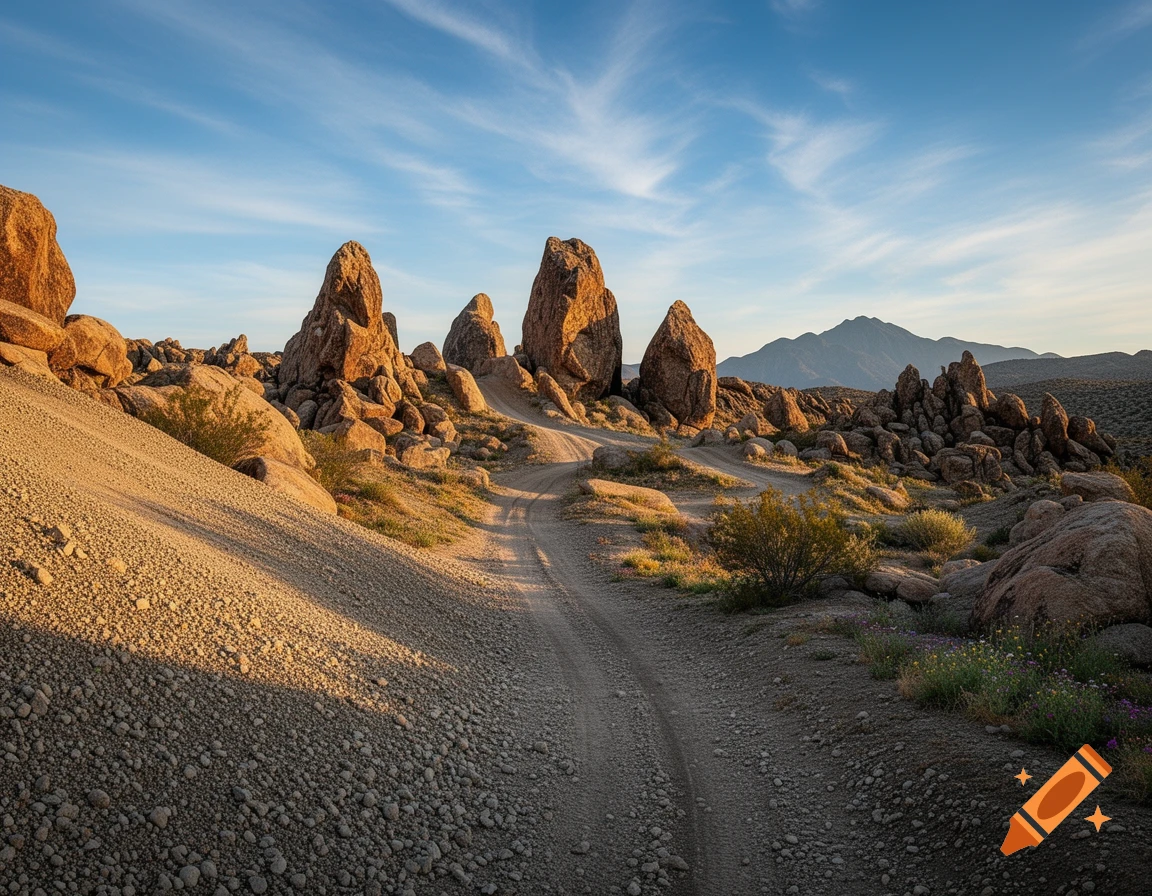 Photorealistic desert landscape with large rock formations, a winding dirt path, and distant mountains under a blue sky.