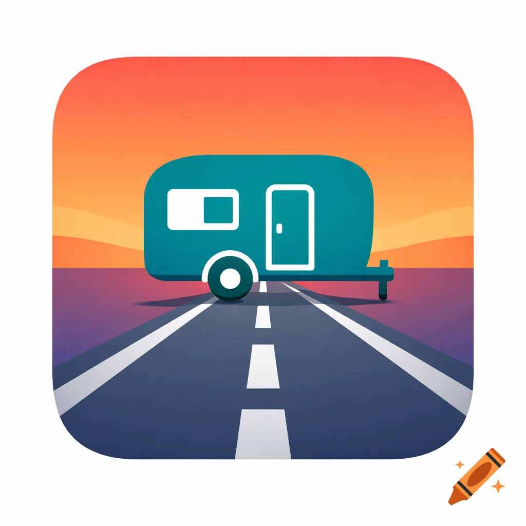 A stylized app icon featuring a teal caravan on a dark road with white lines, set against an orange and purple sunset horizon.