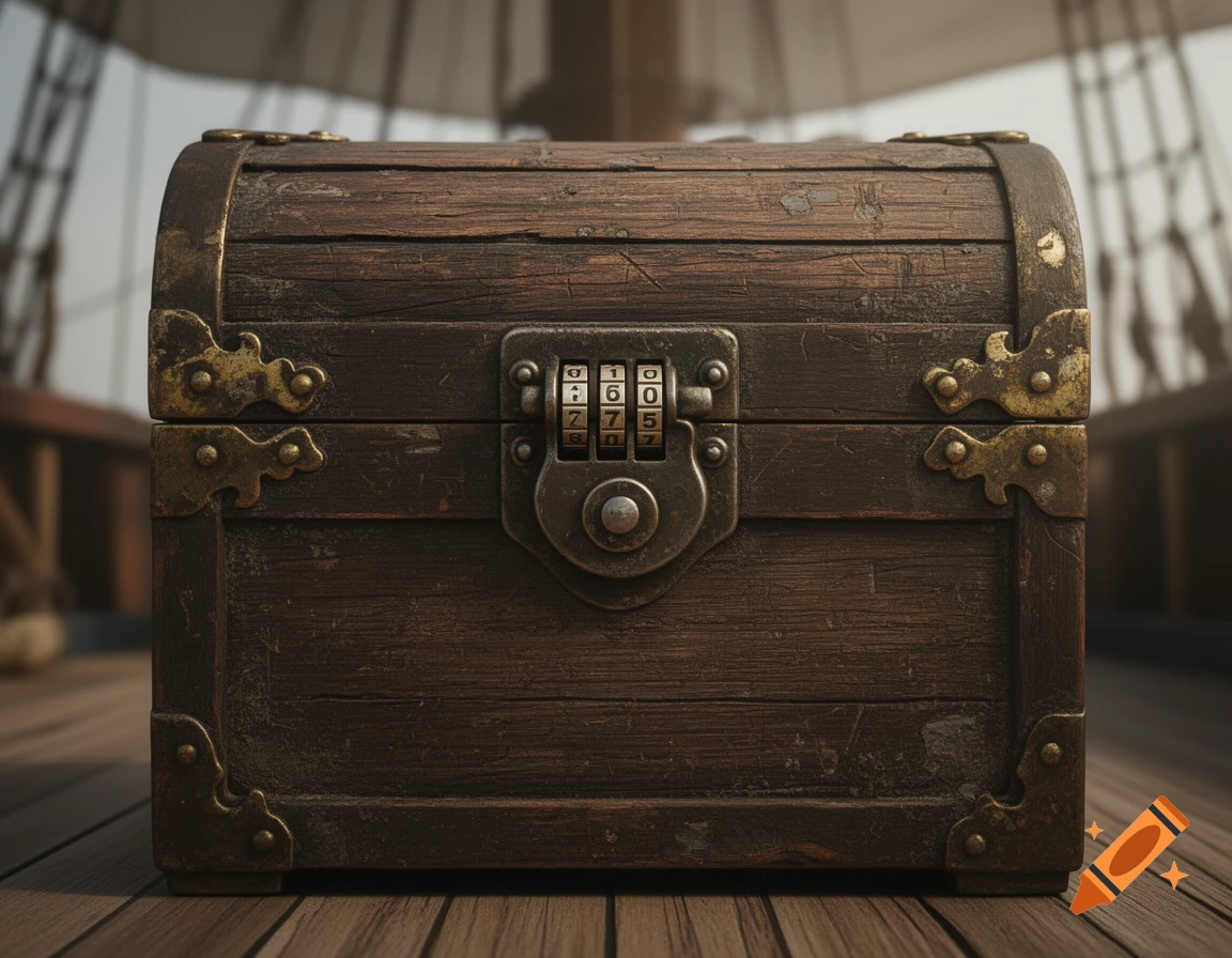 A detailed, aged wooden treasure chest with brass fittings and a three-dial combination lock, sitting on a ship's deck.