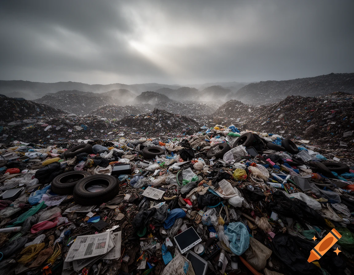 A vast, dark landfill under a dramatic, cloudy sky with sun rays breaking through.
