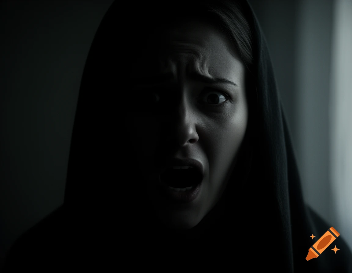 A close-up of a fearful woman in a dark hood, with wide eyes and an open mouth, dramatically lit from the side.