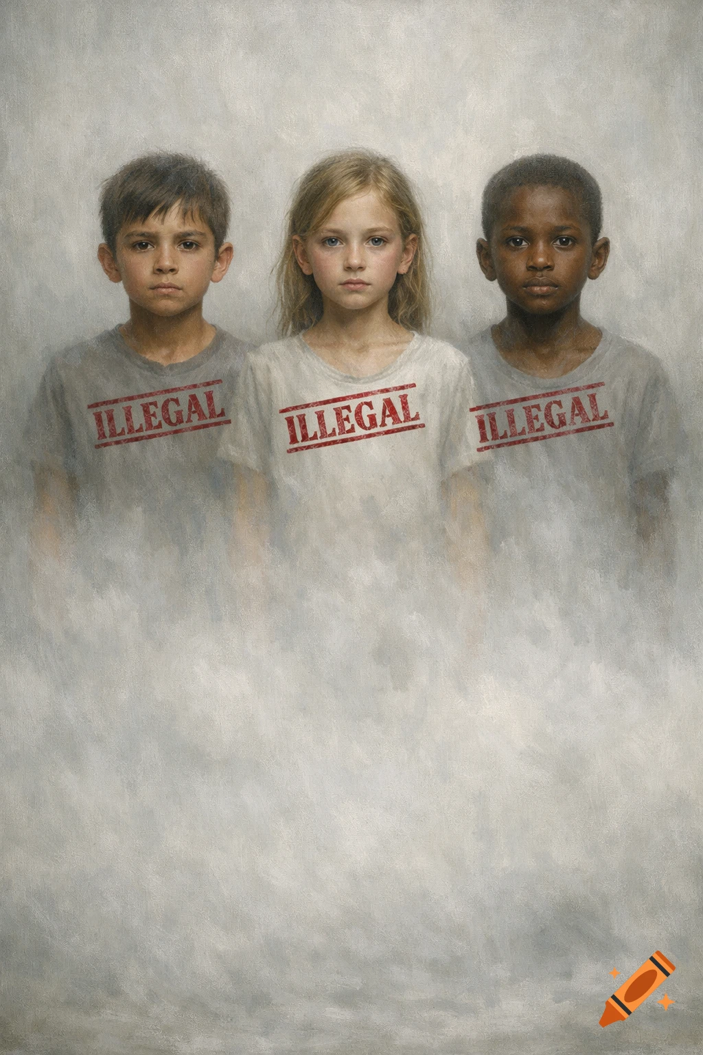 Three diverse children with "ILLEGAL" stamped on their shirts, their bodies fading into mist, in a painterly style.