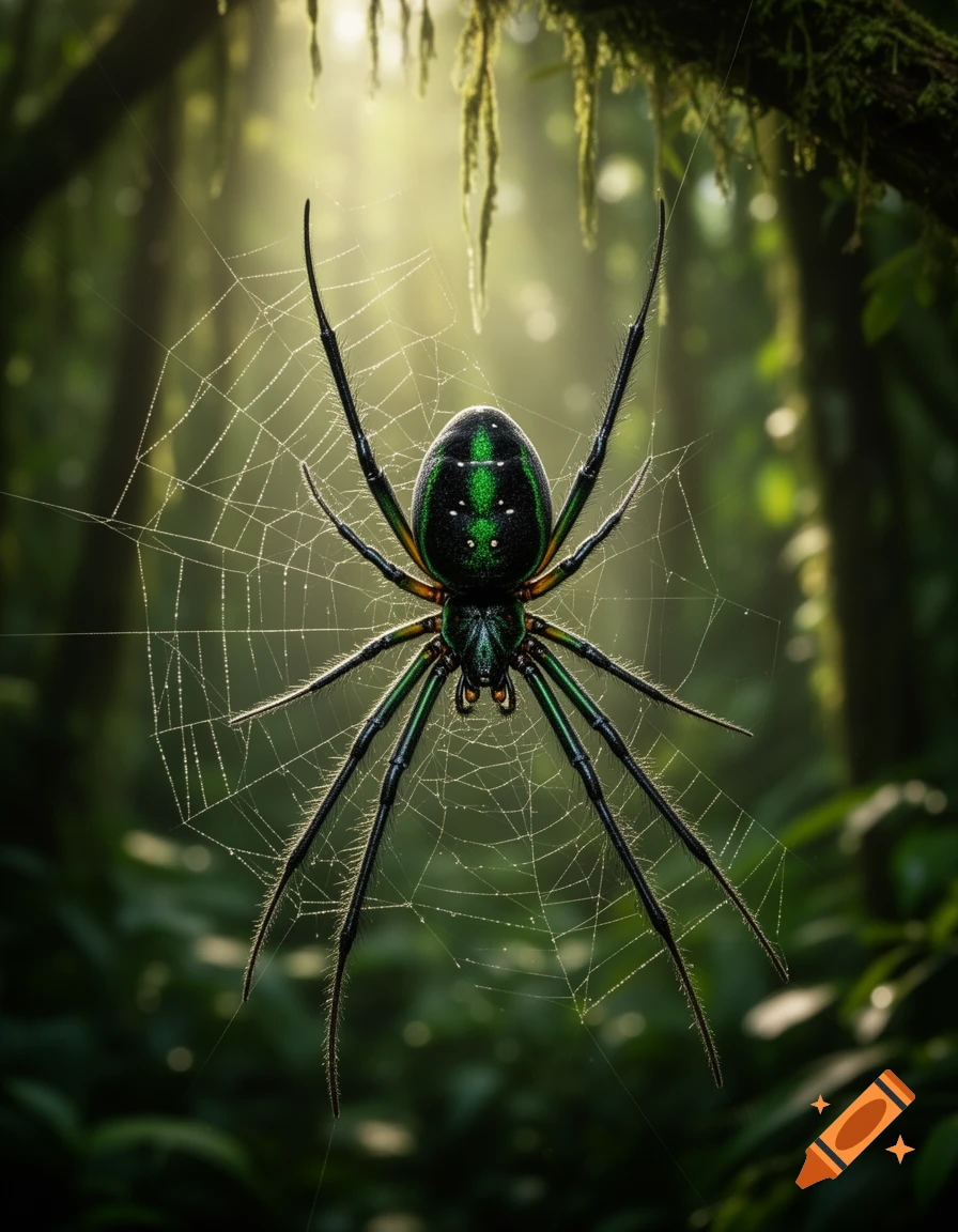 A vibrant green and black spider on its delicate web in a sunlit, lush ...