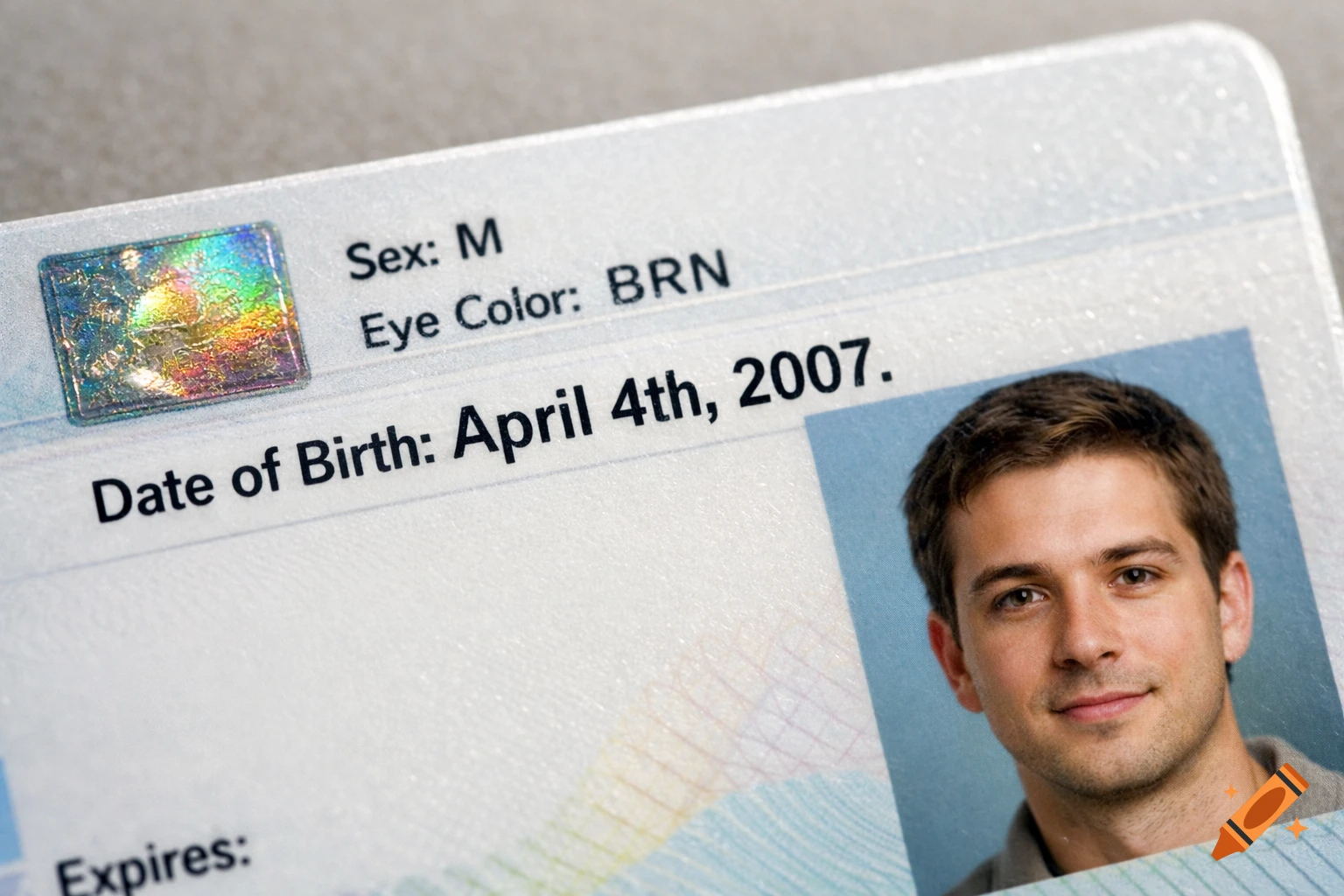 Close-up of an ID card showing 'Date of Birth: April 4th, 2007.', with a man's photo and a holographic security feature.