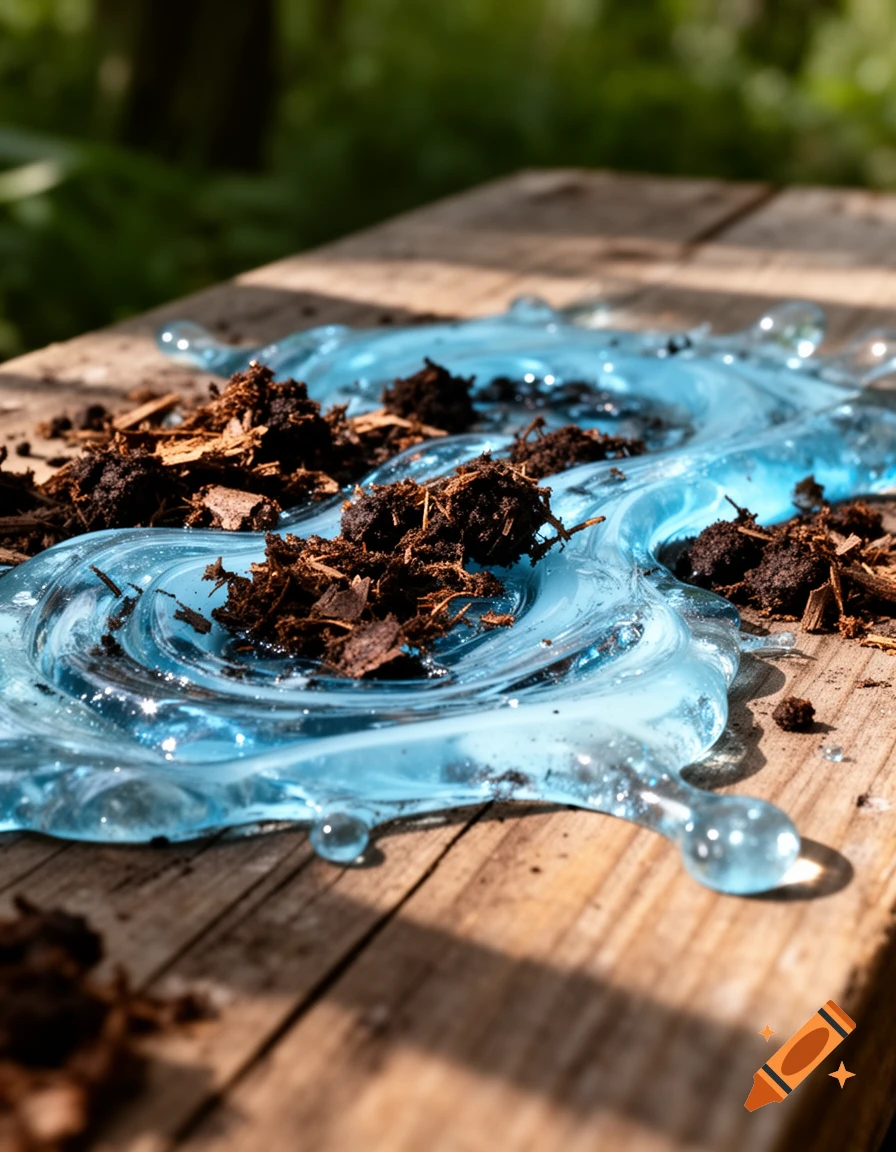 Close-up photorealistic image of light blue, translucent gel mixed with dark brown clumps, spilled on a wooden surface.