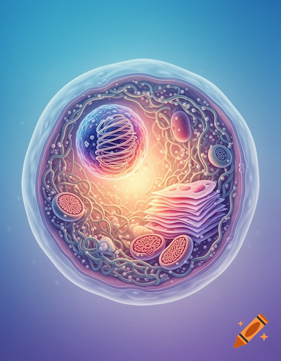 Detailed illustration of an animal cell, showing organelles like the nucleus, mitochondria, and Golgi apparatus, with a glowing core.