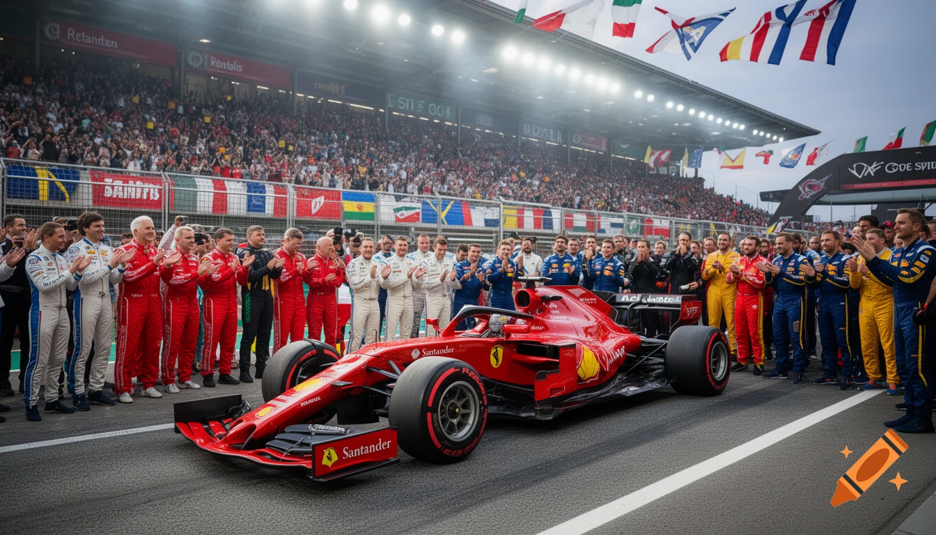 A red Formula 1 car on a race track, surrounded by cheering teams and a large crowd in a stadium under a cloudy sky.