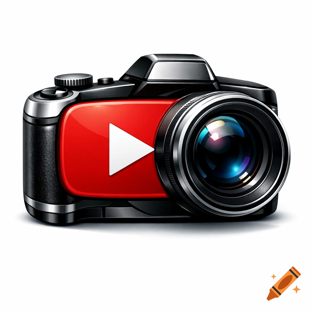 A black and silver digital camera with a red YouTube play button replacing its screen on a white background.